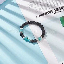 天然溶岩石と合成ターコイズ(染色)クロスビーズブレスレット  女性のためのアクセサリー用原石のアクセサリー  内径：2-1/8インチ（5.5cm）&nbsp;BJEW-TA00179-02