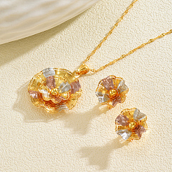 ヴィンテージ真鍮フラワースタッドピアス＆ペンダントネックレスセット（女性用）  18KGP本金メッキ  ネックレス：15.35インチ（39cm）&nbsp;EL3968