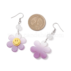 グラデーションカラーの透明アクリルダングルイヤリング  304ステンレススチールピアスフック付き  笑顔の花  プラチナ  ミックスカラー  64x27.5mm  5のペア/セット&nbsp;EJEW-JE06548
