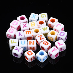 不透明なアクリルビーズ  アルファベットでキューブ  ランダムな混合文字  6x6x6mm  穴：3mm  約2995個/500g&nbsp;SACR-S273-35A-02