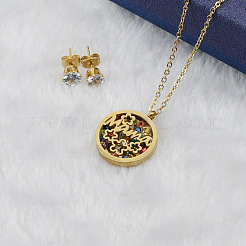 Mother's Day Flat Round with Flower & Word Mama Stainless Steel with Cubic Zirconia Pendant Necklaces & Stud Earring Sets&nbsp;WG8ED63-02