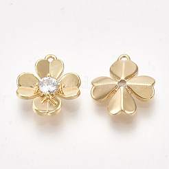 真鍮キュービックジルコニアチャーム  花  透明  ニッケルフリー  18KGP本金メッキ  11x10x2.5mm  穴：0.8mm&nbsp;KK-S350-289