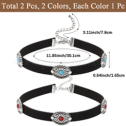 2Pcs 2 Colors Bohemian Alloy & Resin Imitation Turquoise Oval Velvet Choker Necklaces&nbsp;NJEW-CL0001-11