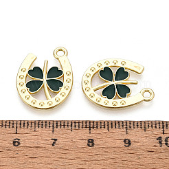 聖パトリックの日合金エナメルペンダント  蹄鉄とクローバーのチャーム  ゴールドカラー  濃い緑  20x16x1.5mm  穴：1.8mm&nbsp;X-ENAM-T023-12B