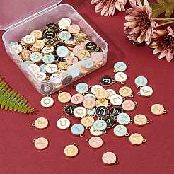 金メッキ合金エナメルチャーム  エポチャーム  アルファベット付きのフラットラウンド  a～zの文字  ミックスカラー  14x12x2mm  穴：1.5mm  26個/セット  5色  1セット/カラー  5セット /箱&nbsp;ENAM-SZ0001-02G