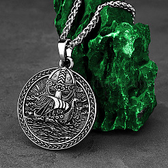 304 Stainless Steel Viking Longship Medal Pendant Necklaces for Unisex&nbsp;WGE5753-01