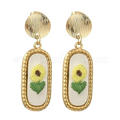 304ステンレススチールと布刺繍のスタッドピアス  花柄とオーバル  真鍮製耳スタッドパーツ付き  ゴールドカラー  44.5x15mm&nbsp;EJEW-JE07298-01