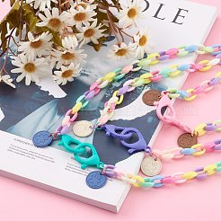 個性的アクリルアズキチェーンネックレス  ハンドバッグチェーン  プラスチック製のカニカンと合金ペンダント付き  熊とフラットラウンド  ミックスカラー  31.69インチ（80.5cm）  3個/セット&nbsp;NJEW-JN03352