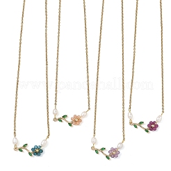 Natural Stone Beaded Flower Brass Pave Green Cubic Zirconia Branch Pendant 304 Stainless Steel Cable Chain Necklaces for Women&nbsp;NJEW-JN06415