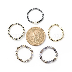 5Pcs 5 Style Natural Rainbow Moonstone & Dichroite & Synthetic Hematite Round Beaded Stretch Finger Rings Set&nbsp;RJEW-JR00527
