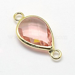 ゴールデントーン真鍮ガラスティアドロップリンクコネクター  桃パフ  21x11x5mm  穴：2mm&nbsp;GLAA-J010A-HF05-G