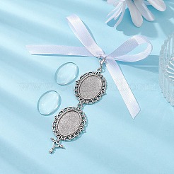 チベットスタイルの合金とガラスの楕円形の写真の花束吊り下げ装飾品  サテンリボンと亜鉛合金カニカン付き  アンティークシルバー  132mm&nbsp;HJEW-JM01353-01