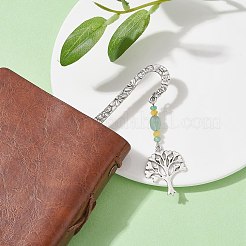 Natural Malaysia Jade & Green Aventurine Beaded Pendant Bookmarks with Alloy Tree of Life&nbsp;AJEW-JK00255-03