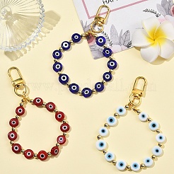 3Pcs 3 Colors Handmade Evil Eye Lampwork Flat Round Bead with Brass Pendant Decorations&nbsp;HJEW-YW00487