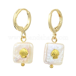 天然真珠と合金のフープピアス  貝殻模様の正方形  ゴールドカラー  28x11~12mm&nbsp;EJEW-JE07022