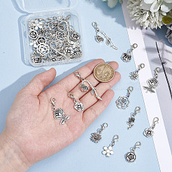 40個 10スタイルの花の合金ペンダント装飾  カニカン付き  アンティークシルバー＆プラチナ  29~52mm  4個/スタイル&nbsp;HJEW-GO00242