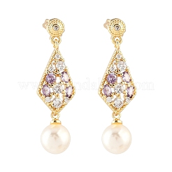 菱形真鍮マイクロパヴェクリアキュービックジルコニアダングルスタッドピアス  アクリル模造パール付き  長持ちメッキ  ラックめっき  18KGP本金メッキ  35x10mm&nbsp;EJEW-C172-04G