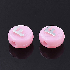 不透明なメッキアクリルビーズ  ライン入り  水平穴  アルファベット付きフラットラウンド  ピンク  10x6mm  穴：1.8mm&nbsp;X-MACR-T032-02F