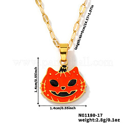 304ステンレススチール製エナメルハロウィン猫かぼちゃペンダントチェーンネックレス  ゴールドカラー  レッドオレンジ  15.75インチ（40cm）&nbsp;TA2599