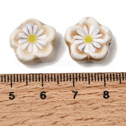 釉薬をかけたデイジーの花柄プリントの磁器ビーズ  手作りの花柄セラミックビーズ  古いレース  15~16x15~16x5.5~6.5mm  穴：2mm&nbsp;PR-CBA03B0-04A