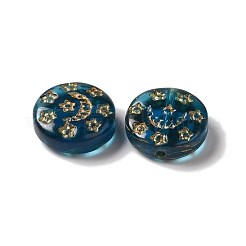 透明なランプワークビーズ  月と星が描かれたフラットラウンド  マリンブルー  13x5mm  穴：1mm  約70~82個/100g&nbsp;LAMP-P065-04A-06