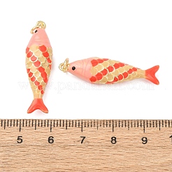 真鍮チャーム  魚  エナメル  18KGP本金メッキ  カドミウムフリー＆鉛フリー  ラックめっき  長持ちメッキ  丸カン付き  オレンジ  33x9x7.5mm  穴：3.2mm&nbsp;KK-D019-29A-01G