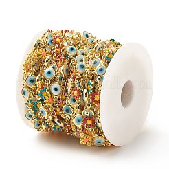 エナメルの花とガラスのナザールボンジュウリンクチェーン  真鍮パーツ  長持ちメッキ  ハンダ付け  スプールで  カラフル  13x6.5x3mm  13x7x2.5mm&nbsp;CHC-E024-10G