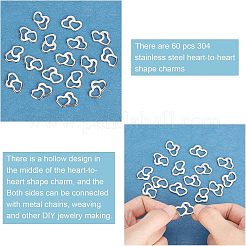 304ステンレススチールチャーム  ハートへのハート  ステンレス鋼色  14x20x1.5mm  60個/箱&nbsp;STAS-UN0020-37P