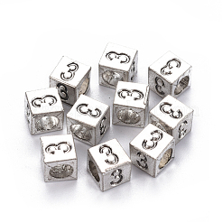 合金ヨーロピアンビーズ  大穴ビーズ  番号の立方体  アンティークシルバー  NUM。3  7x7x7mm  穴：5mm&nbsp;LS-PALLOY-WH0065-52C