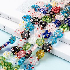 フラットラウンド手作りのミッレフィオーリガラスビーズ連売り  ミックスカラー  12x3.5mm  穴：0.5mm  約32個/連  14.1インチ&nbsp;LK-R004-62