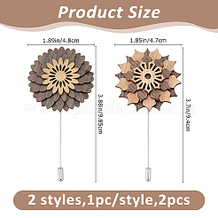 2個、2種類のスタイルの木製ブローチ  花  ミックスカラー  94~98.5x47~48mm  1個/スタイル&nbsp;JEWB-FH0002-75