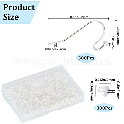 300個の真鍮ピアスフック  耳ワイヤー  300個のプラスチック製イヤーナット付き  銀  4~22x4~11x0.75~4mm  穴：1mm&nbsp;KK-SP0001-35S