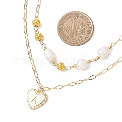 Natural Cultured Freshwater Pearl Rice Beads Brass Heart with Letter Pendant Paperclip Chain Double Layered Necklaces&nbsp;NJEW-JN05378-03