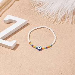 Polymer Clay Evil Eye & Glass Seed Beaded Stretch Bracelet for Women&nbsp;BJEW-JB08617