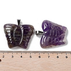 天然アメジストの彫刻ペンダント  プラチナメッキ真鍮スナップ留めの蝶のチャーム  30x35.5x7mm  穴：7x4.5mm&nbsp;G-B067-01B