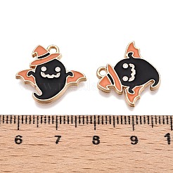 ハロウィンテーマラックメッキ合金エナメルペンダント  ゴールドカラー  帽子のチャームを持った幽霊  ブラック  17x19x1.5mm  穴：1.6mm&nbsp;ENAM-N056-359B