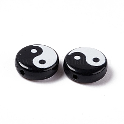 不透明なアクリルビーズ  陰陽模様とフラットラウンド  ブラック  10x5mm  穴：1.8mm&nbsp;X-SACR-E008-02B-02
