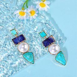 合成ターコイズ レクタングル & トライアングル ダングル スタッド イヤリング  合金ピン付き天然パールロングドロップイヤリング  ターコイズ  62x20mm  ピン：0.6mm&nbsp;JE1131A