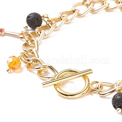 Alloy Enamel Ghost & Bat & Broom & Natural Lava Rock Charm Bracelet&nbsp;BJEW-TA00132