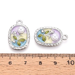 ラックメッキ合金ラインストーンエナメルペンダント  長方形と花  ABSの模造パールと  プラチナ  23x15x5.5mm  穴：2mm&nbsp;ENAM-N065-10P