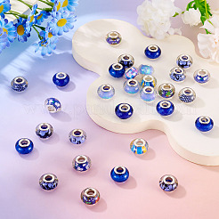 印刷された透明な樹脂のヨーロッパのビーズ30個  大穴ビーズ  銀色メッキの真鍮の芯とグリッターパウダーを使用したロンデル  紫色のメディア  14x8.5mm  穴：5mm&nbsp;RESI-TADJ0001-04