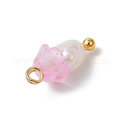 花のアクリルチャーム  真鍮のボールヘッドピンと天然養殖淡水真珠ビーズ付き  艶消し  パールピンク  11.5x6mm  穴：1.6mm&nbsp;PALLOY-JF03588-04