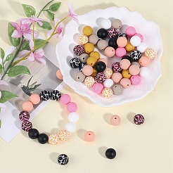 70個 10種類のプリントラウンドシリコンフォーカルビーズ  ミックスカラー  15mm  穴：2mm  7個/スタイル&nbsp;SIL-SZ0002-37