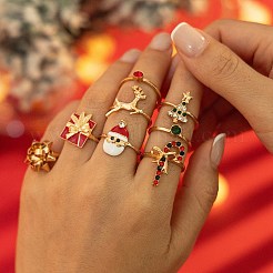 キャンディケイン/サンタクロース/クリスマスツリー/鹿合金エナメル&ラインストーン指輪セット8個  ゴールドカラー  内径：18mm&nbsp;FS-WG280A2-02
