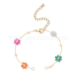 真鍮とガラスビーズの花のリンクチェーンブレスレットの作り方  ミックスカラー  ゴールドカラー  6-5/8インチ（16.8cm）&nbsp;AJEW-JB01388