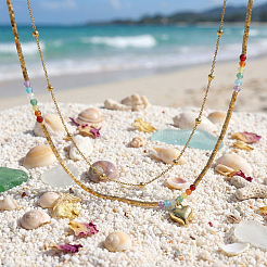 Rainbow Natural Mixed Stoned Beaded Double Layer Necklaces with Stainless Steel Heart Pendant for Beach Vacation&nbsp;KB9378-1