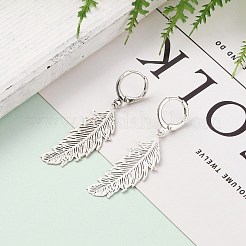 304ステンレススチールフレンチフックピアス  真鍮製の羽のペンダント付き  プラチナ＆ステンレス鋼色  1-7/8インチ（47mm）  ピン：0.8mm&nbsp;X-EJEW-JE04419