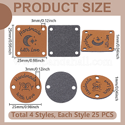 100個 4スタイル 合成皮革ラベルタグ  DIYジーンズ用  バッグ  靴  帽子アクセサリー  混合図形  25x25x1mm  穴：2.5~3mm  25個/スタイル&nbsp;FIND-UN0007-63