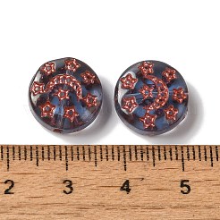 透明なランプワークビーズ  月と星が描かれたフラットラウンド  スチールブルー  13x5mm  穴：1mm  約70~82個/100g&nbsp;LAMP-P065-04A-10