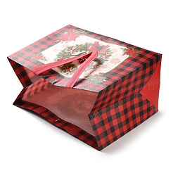 クリスマステーマのタータン不織布ギフトトートバッグ（ハンドル付き）  長方形  レッド  クリスマスリース  展開：33x32x0.2cm  折りたたみ：32x17.5x24cm&nbsp;ABAG-G017-01D